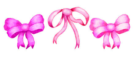 Watercolor hand drawn three ribbon bows in pink purple fuchsia lilac colors. For birthday baby shower celebration party decor. Gift present for girl woman, shopping concept.の写真素材