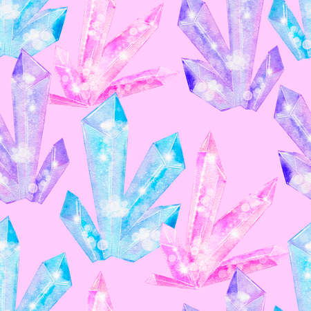 Watercolor seamless hand drawn pattern with blue purple fuchsia glitter crystals on pink background. Shimmer shiny precious stones, witch witchcraft concept, illustration for textile wrapping paper.の写真素材