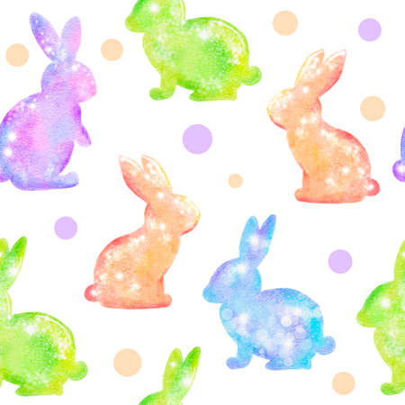 Watercolor seamless hand drawn pattern with Easter eggs bunnies on glitter shimmer shiny texture, magic mystic crystals floral leaves elements. Pastel pink blue purple green spring holiday background for textile wrapping paperの写真素材