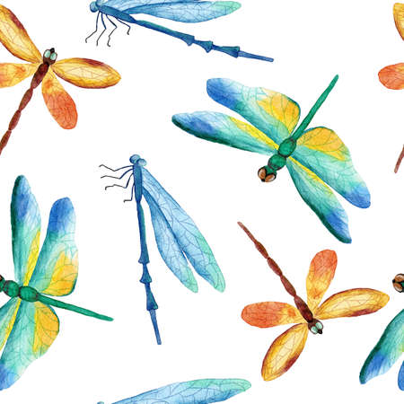 Watercolor hand drawn seamless pattern with butterfly dragonfly moth insects. Bright colorful blue green orange butterflies wild wildlife nature background design for textile wallpaper.の写真素材