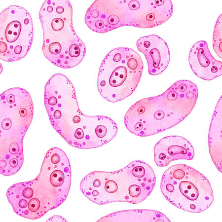Watercolor seamless pattern of pink purple cells microalgae microorganisms, microscope bio algae. Concept for cosmetics medicine healthcare print design. Pastel ameoba bacteria, soft oval round shape.の写真素材