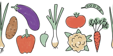 Hand drawn seamless horizontal border illustration of organic healthy vegetables, carrot potato tomato leek radish eggplant cauliflower beens. Market natural food veggies diet in soft pastel colors.の写真素材