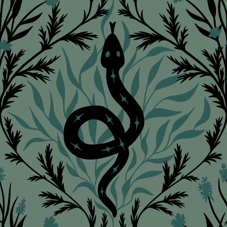 Hand drawn seamless pattern of black snake on sage green background with forest leaves. Witch...