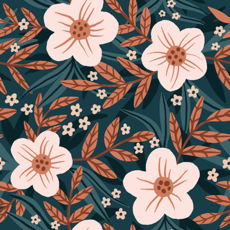 Hand drawn seamless pattern of beige retro flowers with blue brown ochre leaves, faded neutral...