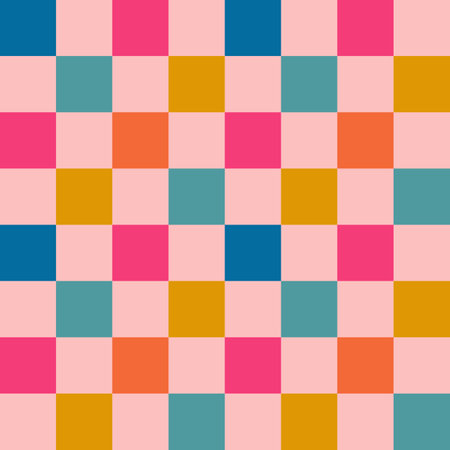 Hand drawn seamless pattern with colorful checks squares, pink blue yellow orange checkered...