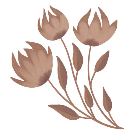 Hand drawn illustration of beige brown flowers leaves branch in curved modern shape outline. Minimalist floral garden design, bloom for cards invitations, elegant foliage plant nature concept.の写真素材