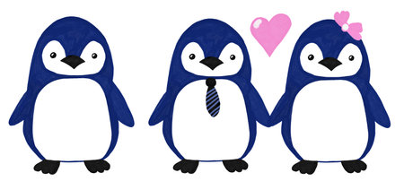 Hand drawn illustration of penguin cute wild animal. Funny arctic isolated wildlife baby, polar doodle art print, modern minimal card, adorable winter children valentine.の写真素材