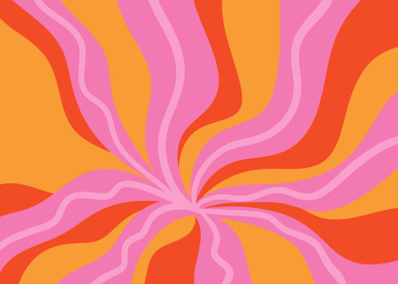 Hand drawn swirl groovy starbust illustration background. Mid century orange pink modern vintage...