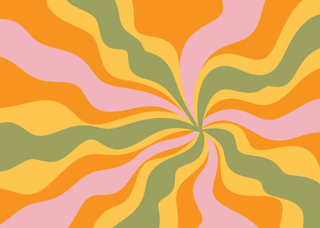 Hand drawn swirl groovy starbust illustration background. Mid century modern yellow green pink...