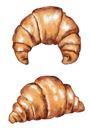Hand drawn watercolor illustration of tasty croissant. Baked bakery baking food, cafe snack sweet menu, delicious pastry breakfast, beige brown biscuit.の写真素材