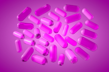 Transparent pink vitamin capsules. Vitamin and mineral complex. Medical background. 3d illustrationの写真素材