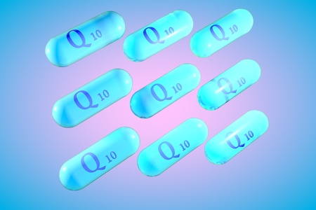 Transparent blue coenzyme q10 capsules on colorful background. Ubiquinone capsules. Mineral and...