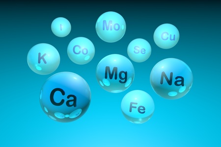 Blue essential chemical minerals and microelements in blue background. Healthy life concept. Medical background. 3d illustration.の写真素材