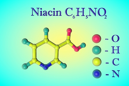 Molecular model of niacin, vitamin B3. Atoms are represented as spheres with color coding: oxygen (red), hydrogen (light blue), carbon (yellow), nitrogen (blue). Healthy life concept. 3d illustrationの写真素材