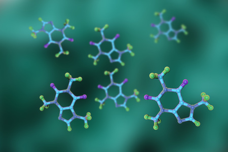 Molecular model of caffeine, a stimulant and psychoactive drug. Medical background. Scientific background. 3d illustrationの写真素材