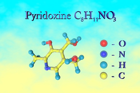 Molecular model of pyridoxine, vitamin B6. Atoms are represented as spheres with color coding: oxygen (red), nitrogen (blue), hydrogen (light blue), carbon (yellow). 3d illustrationの写真素材