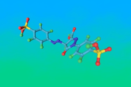 Molecular structure of tartrazine molecule, E102. Tartrazine is a bright yellow pigment, a harmful...