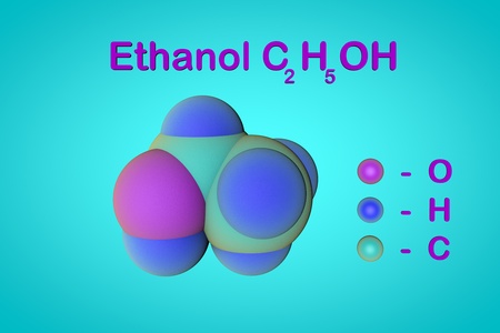 Molecular structure of ethanol (drinking alcohol, ethyl alcohol). Atoms are represented as spheres with color coding: oxygen (purple), hydrogen (blue), carbon (light blue). 3d illustrationの写真素材