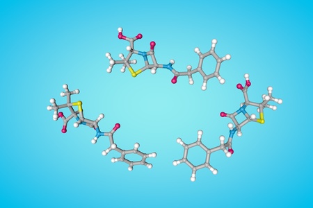 Molecular model of penicillin. Atoms are represented as spheres with conventional color coding: sulfur (yellow), carbon (grey), oxygen (red), nitrogen (blue), hydrogen (white). 3d illustrationの写真素材