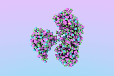 Space-filling molecular model of nucleotide-free diphtheria toxin on colorful background. Scientific...