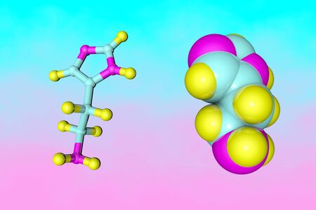 Molecular structure of histamine. It is an organic nitrogenous compound involved in local immune responses and acting as a neurotransmitter. Medical background. Scientific background. 3d illustrationの写真素材