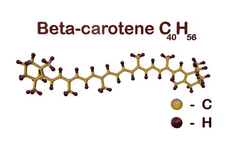 Structural chemical formula and molecular model of beta-carotene isolated on white background. It is converted into vitamin A, an essential vitamin. 3d illustrationの写真素材