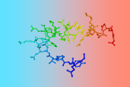 Structure of P53 tumor suppressor. Molecular pattern on colorful background. Rendering based on protein data bank entry 1c26. Rainbow coloring from N to C. Scientific background. 3d illustrationの写真素材