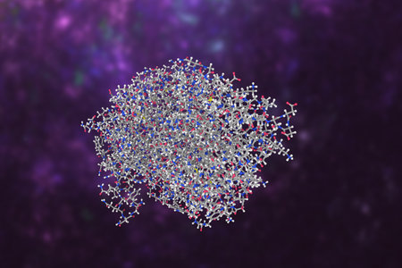 Molecular model of human pancreatic alpha-amylase. Atoms are shown as color-coded spheres: carbon...