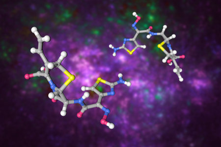 Cefdinir, antibiotic. Molecular model. Atoms are shown as spheres with conventional color coding. 3d illustrationの写真素材