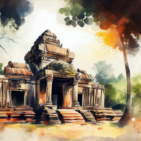 Watercolour drawing of the ancient temple Angkor Vat in Cambodia, ai illustrationの素材