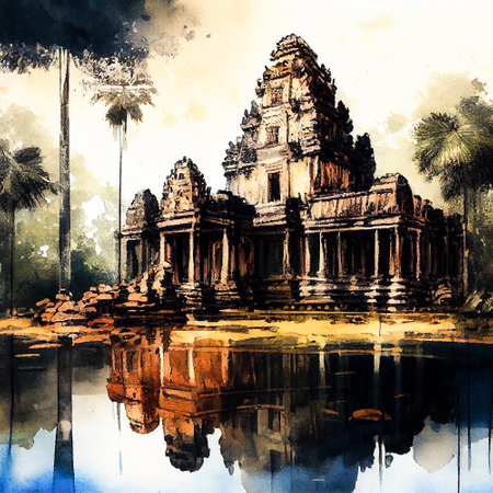Ancient temple in tropical jungle near the pond, ai illustrationの素材