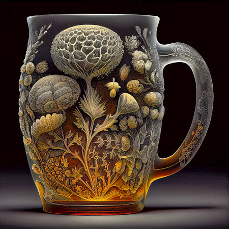 Beautiful glass mug of beer, winter evening, in drawing style, ai illustrationの素材