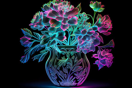Neon bouquet of wild and garden flowers in a vase, ai illustrationの素材