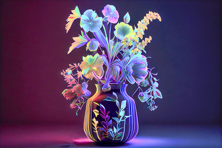 Neon bouquet of wild and garden flowers in a vase, ai illustrationの素材