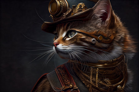 Fantasy portrait of cat on black background, drawing style, generative ai illustrationの素材