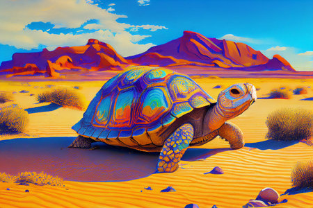 Amazing colorful turtle in an orange desert, painting style, generative ai illustrationの素材
