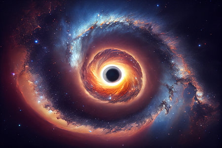 Mysterious black hole, spiral galaxy, energy gravitation grid interlaced in distant space. Sci fi background, ai illustrationの素材