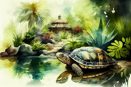 Amazing turtle in the fantasy garden with pond, watercolor painting style, generative ai illustrationの素材
