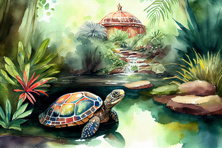 Amazing turtle in the fantasy garden with pond, watercolor painting style, generative ai illustrationの素材