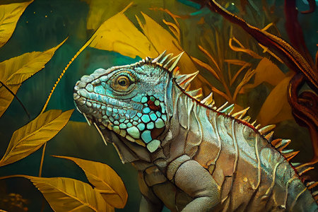 Amazing iguana in the fantasy rain forest, watercolor painting style, ai illustrationの素材