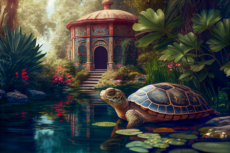 Amazing turtle in the fantasy garden with pond, generative ai illustrationの素材