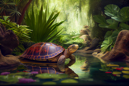 Amazing turtle in the fantasy garden with pond, generative ai illustrationの素材