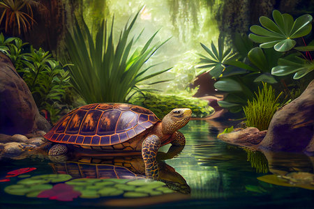 Amazing turtle in the fantasy garden with pond, generative ai illustrationの素材