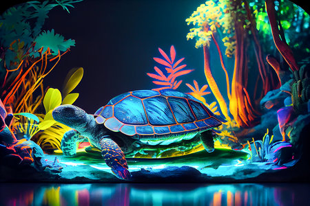 Amazing turtle in the fantasy garden with pond, hologram, neon, generative ai illustrationの素材
