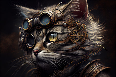 Portrait of fantasy cat on black background, drawing style, generative ai illustrationの素材