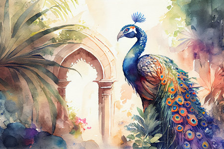 Luxurious peacock in a fantasy tropical garden, watercolor painting style, ai illustrationの素材