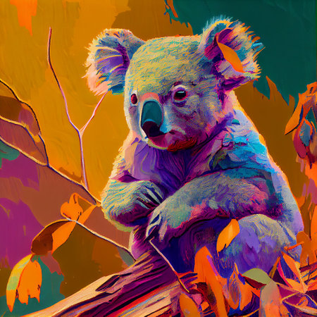 A portrait of a koala on eucalyptus tree, painting stile, ai illustrationの素材