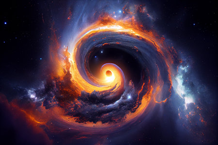 Fantasy huge black hole and spiral galaxy, sci fi background, ai illustrationの素材