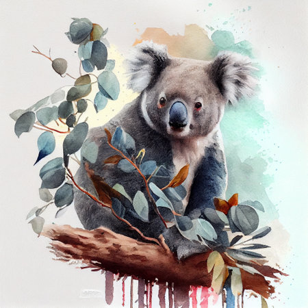 Portrait of koala on eucalyptus tree, watercolor painting style, ai illustrationの素材