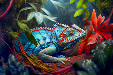 Amazing colorful iguana in the fantasy rain forest, ai illustrationの素材